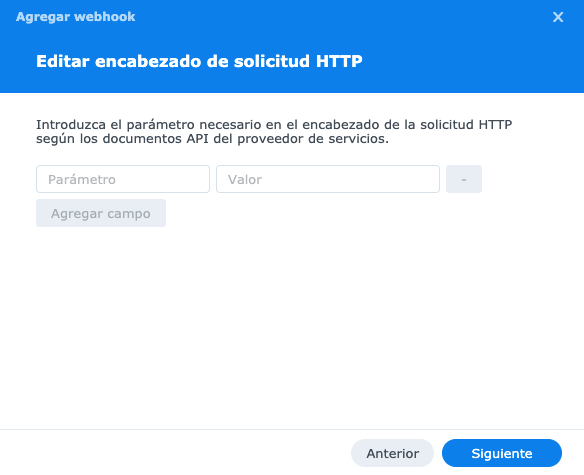 Pantalla de agregar webhook - Editar encabezado de solicitud HTTP