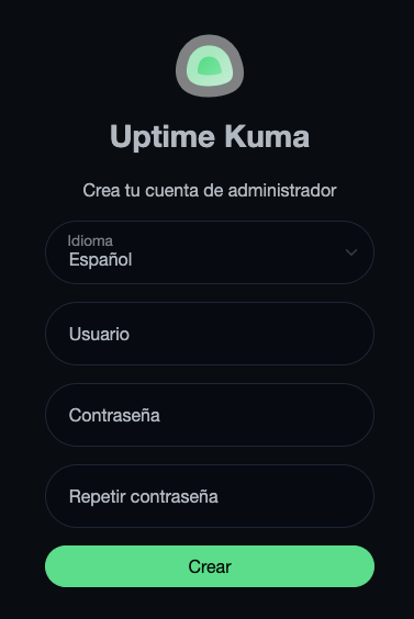 Panel de creación de un usuario administrador para Uptime Kuma