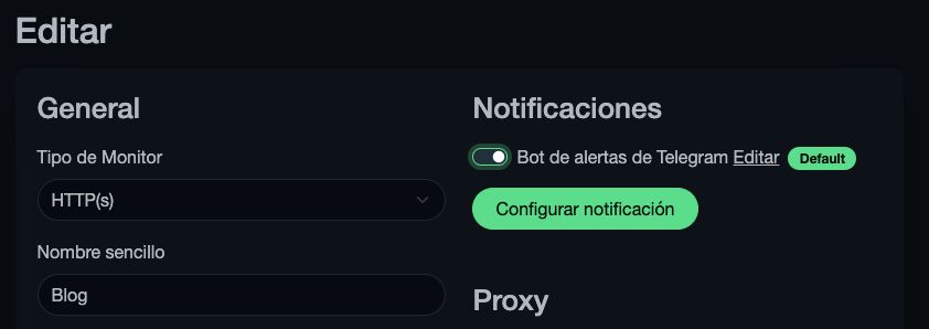 Selección de la notificación de Telegram para el monitor