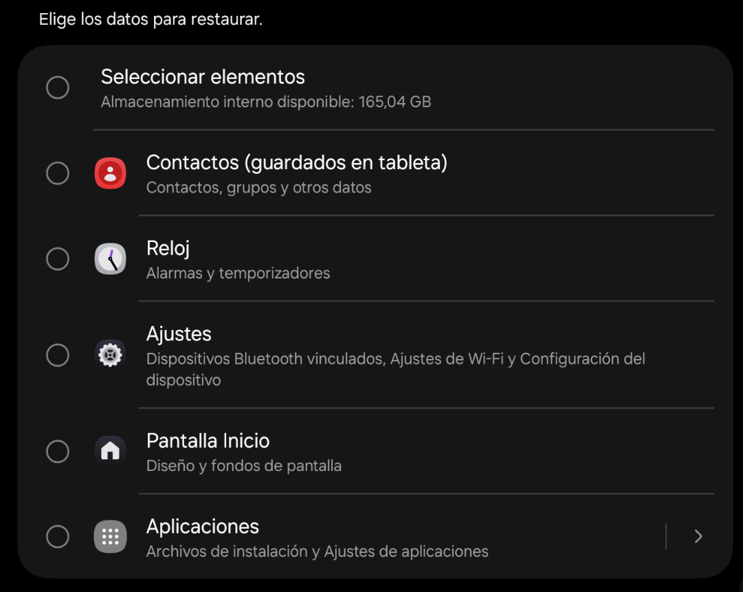 Listado de elementos de los que disponemos de copia de seguridad, desmarcados todos