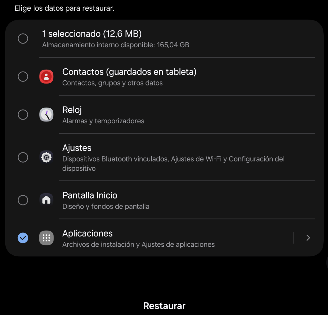 Listado de elementos de los que disponemos de copia de seguridad con la opción de Aplicaciones automáticamente marcada ahora
