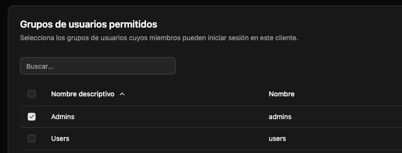 Asignación del grupo Admins al cliente de TinyAuth